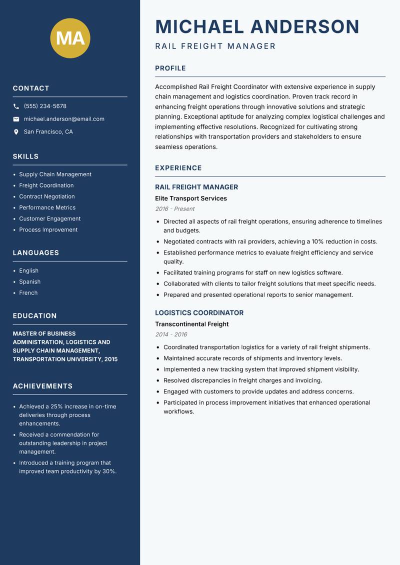 Rail Freight Coordinator Resume Preview Example