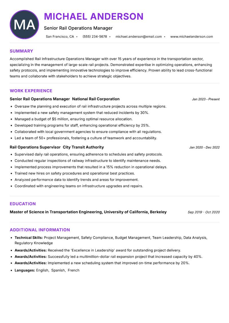 Rail Infrastructure Operations Manager Resume Preview Example