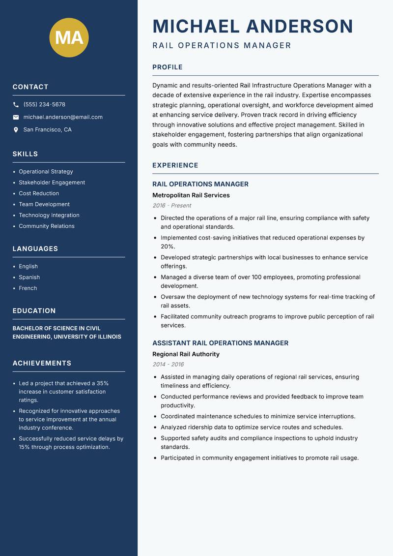 Rail Infrastructure Operations Manager Resume Preview Example