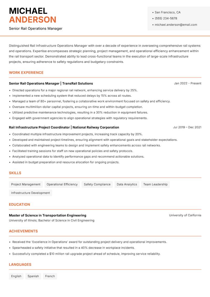 Rail Infrastructure Operations Manager Resume Template