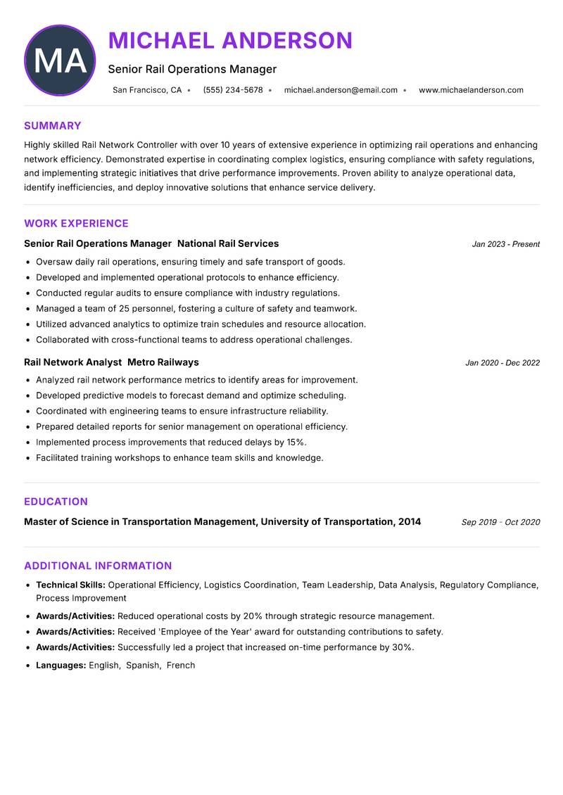 Rail Network Controller Resume Preview Example