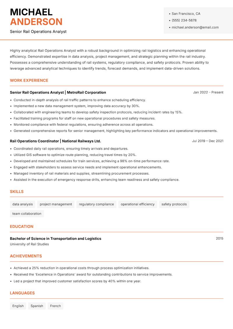Rail Operations Analyst Resume Template