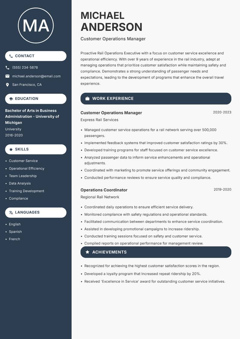 Rail Operations Executive Resume Preview Example