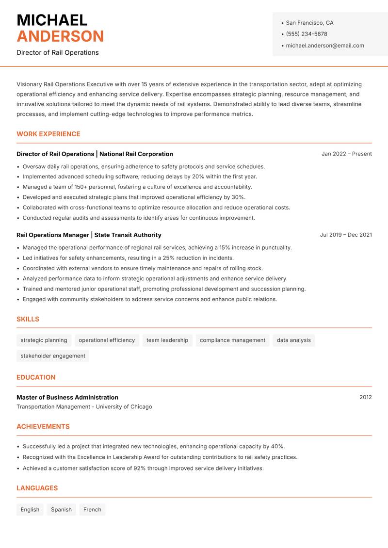 Rail Operations Executive Resume Template