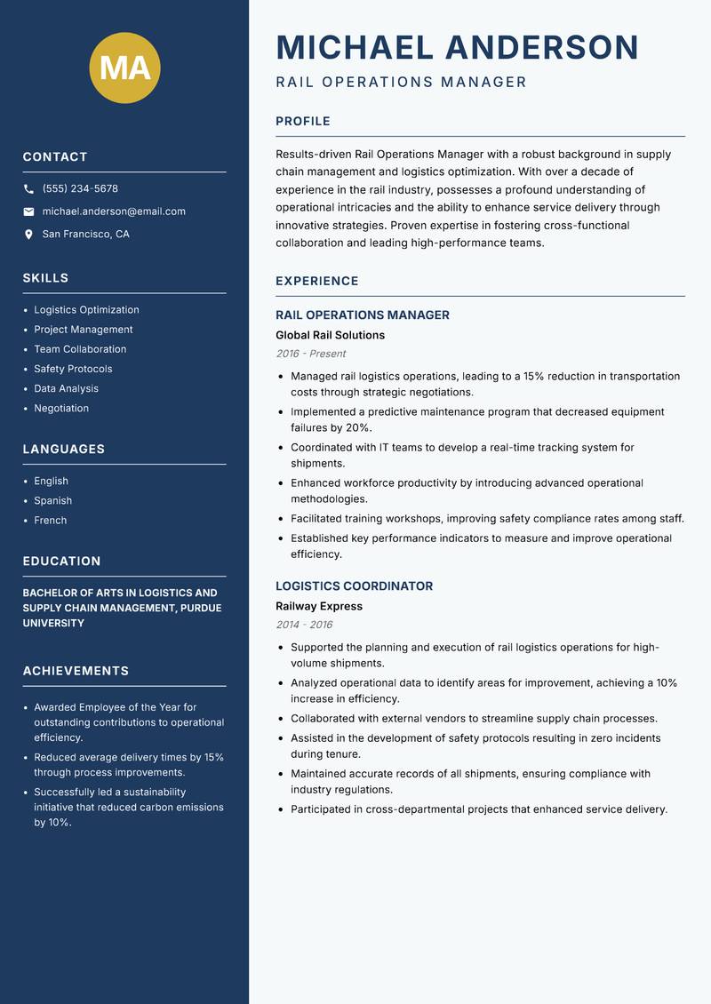 Rail Operations Manager Resume Preview Example