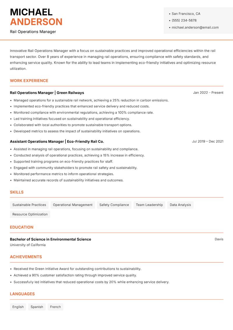 Rail Operations Manager Resume Template