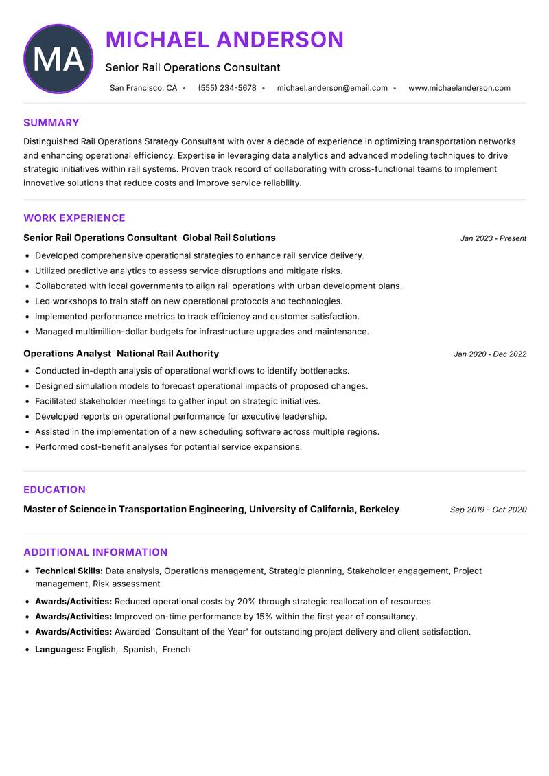 Rail Operations Strategy Consultant Resume Preview Example