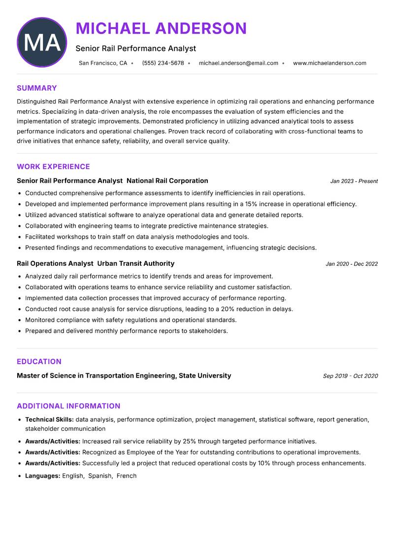 Rail Performance Analyst Resume Preview Example