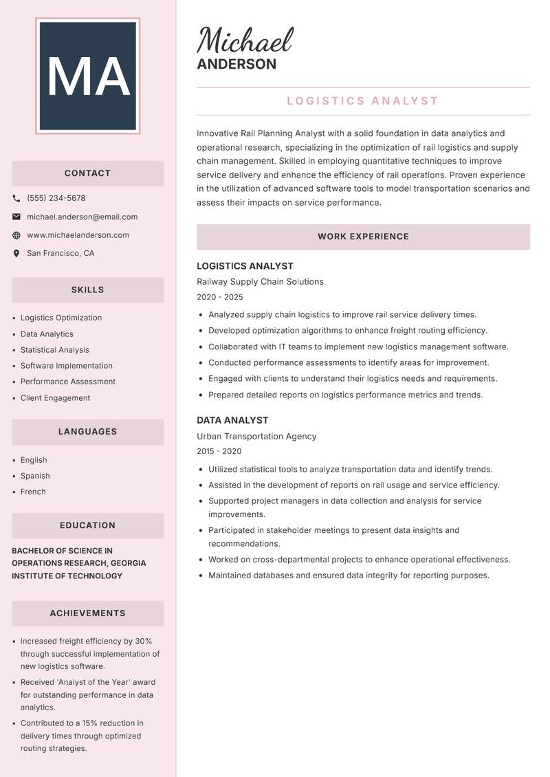 Rail Planning Analyst Resume Preview Example
