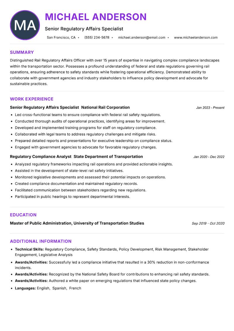 Rail Regulatory Affairs Officer Resume Preview Example
