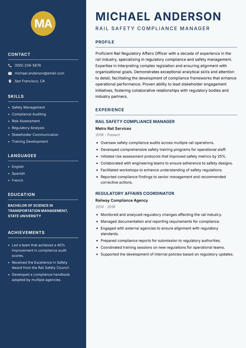 Rail Regulatory Affairs Officer Resume Preview Example