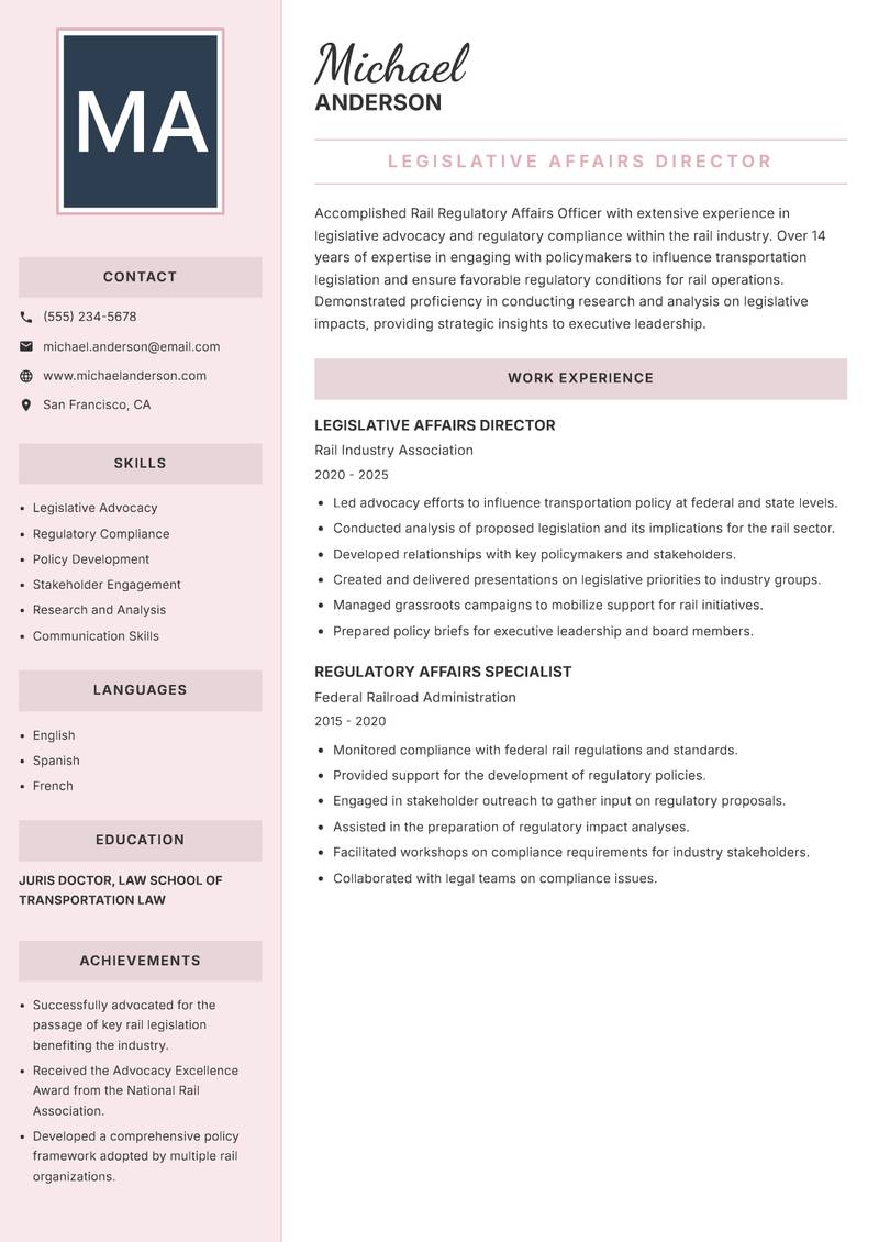 Rail Regulatory Affairs Officer Resume Preview Example