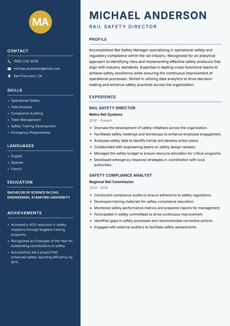 Rail Safety Manager Resume Preview Example
