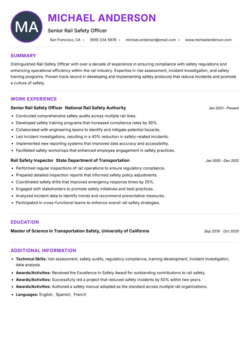 Rail Safety Officer Resume Preview Example