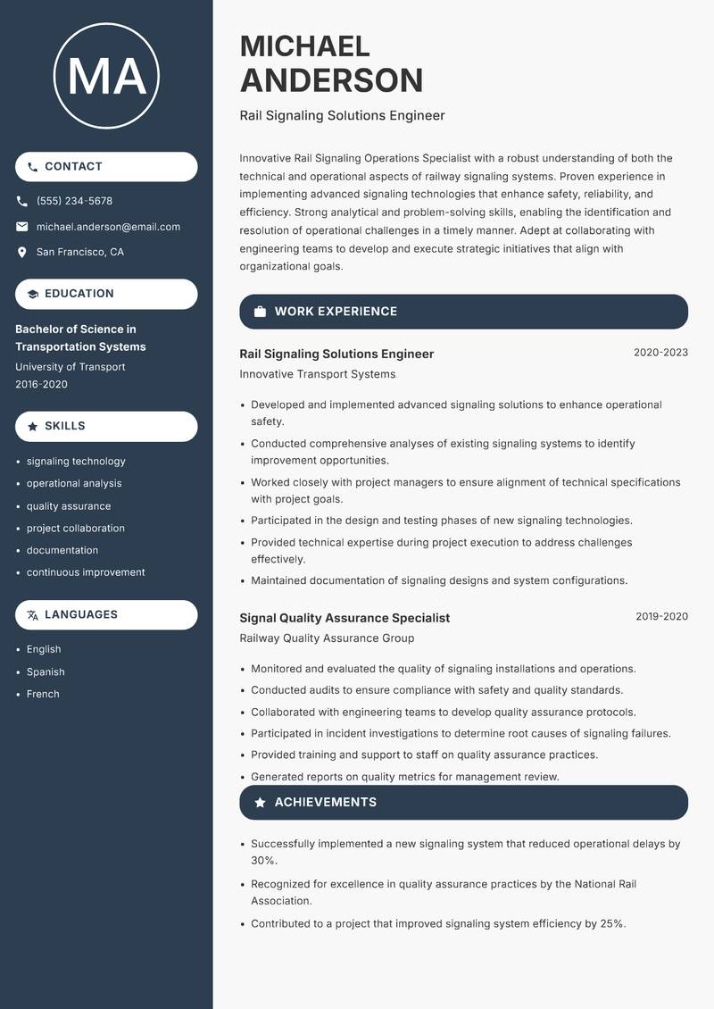 Rail Signaling Operations Specialist Resume Preview Example