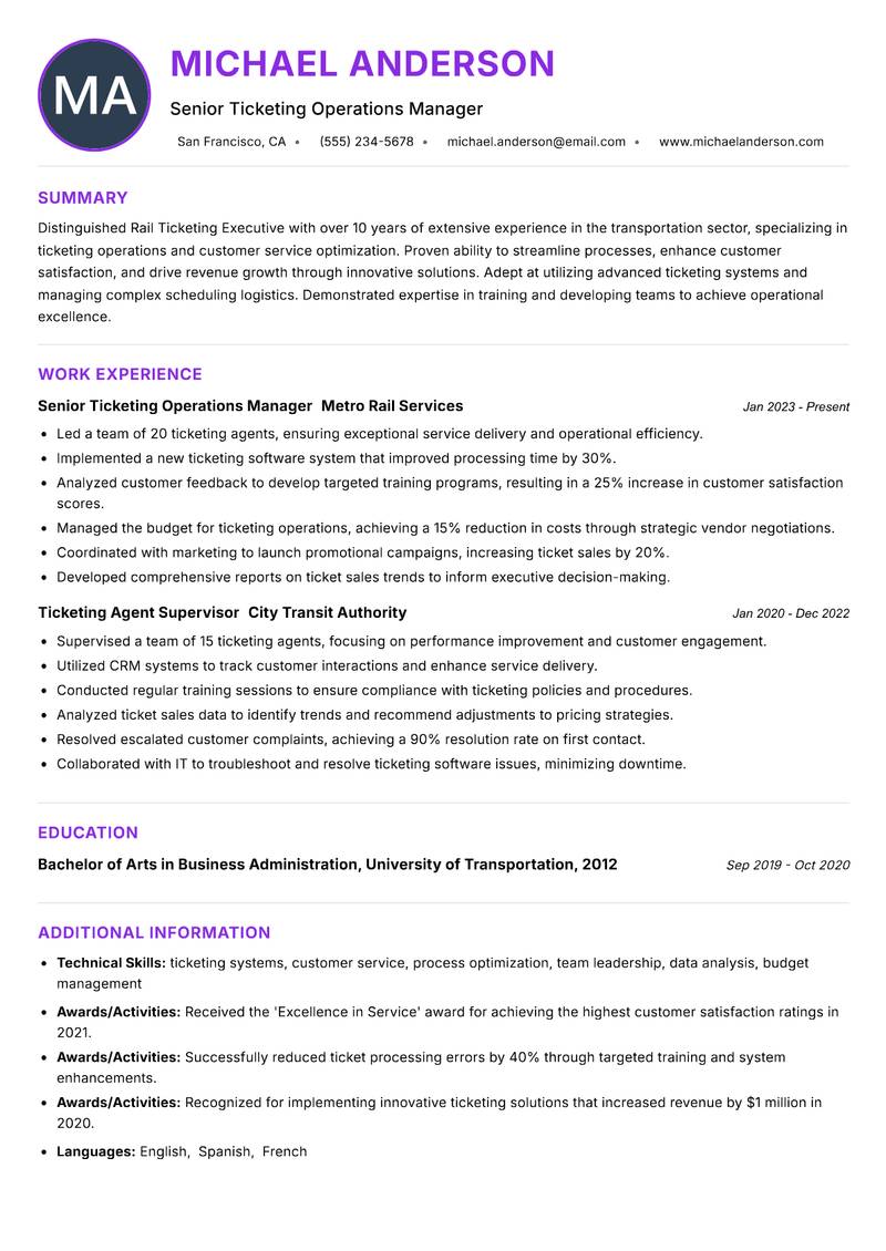 Rail Ticketing Executive Resume Preview Example