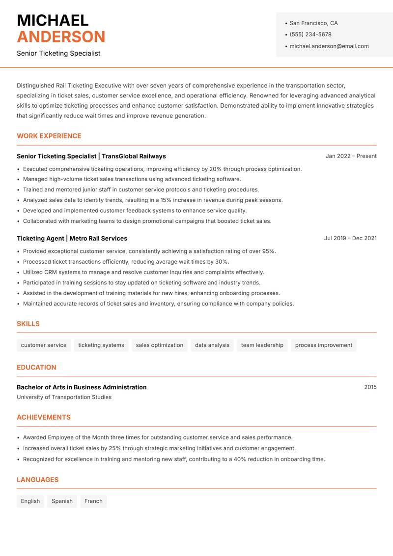 Rail Ticketing Executive Resume Template