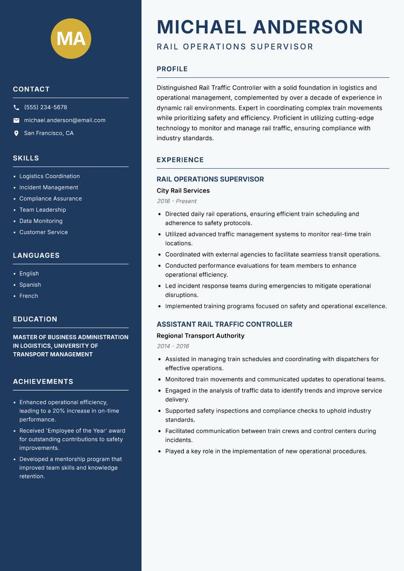 Rail Traffic Controller Resume Preview Example