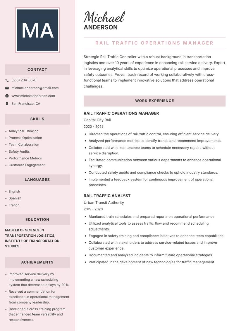 Rail Traffic Controller Resume Preview Example