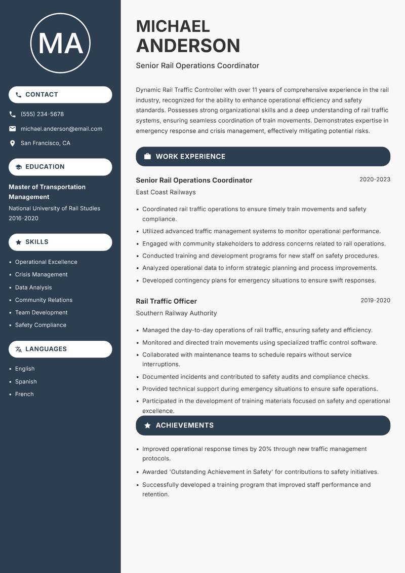 Rail Traffic Controller Resume Preview Example