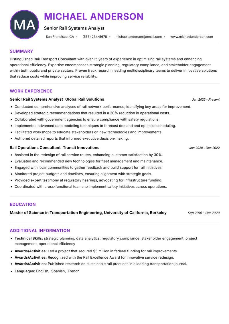 Rail Transport Consultant Resume Preview Example