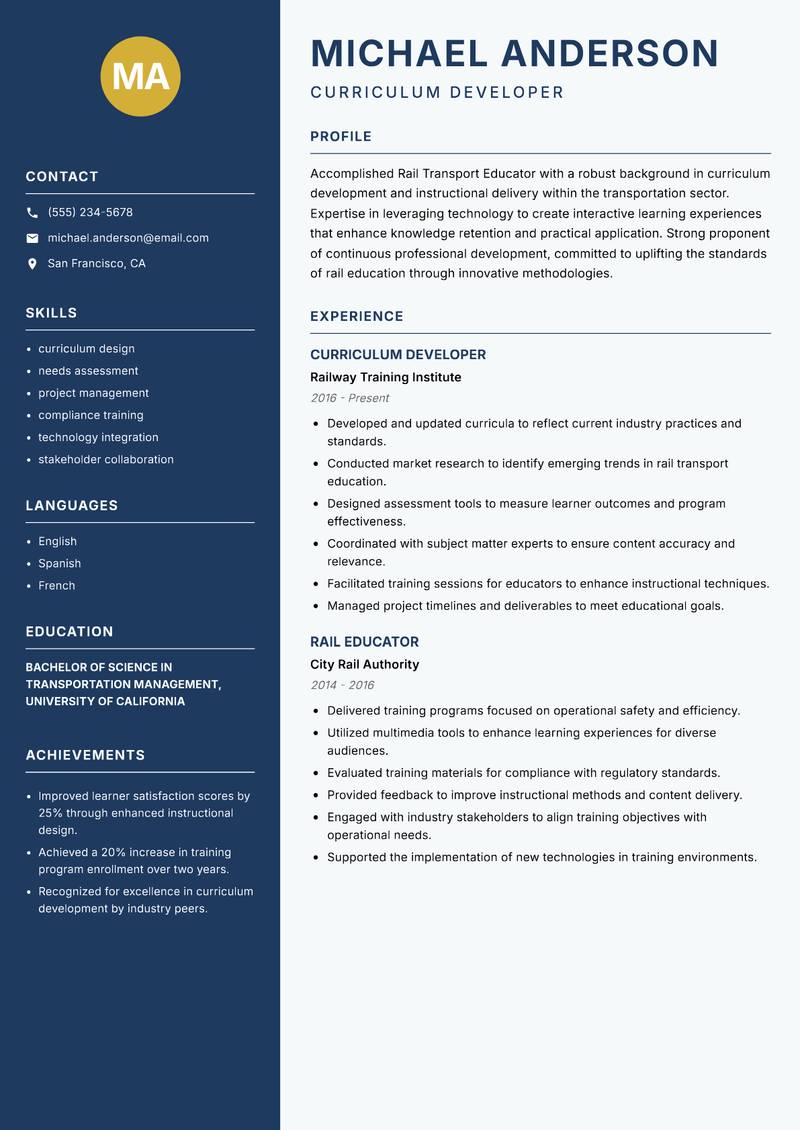 Rail Transport Educator Resume Preview Example