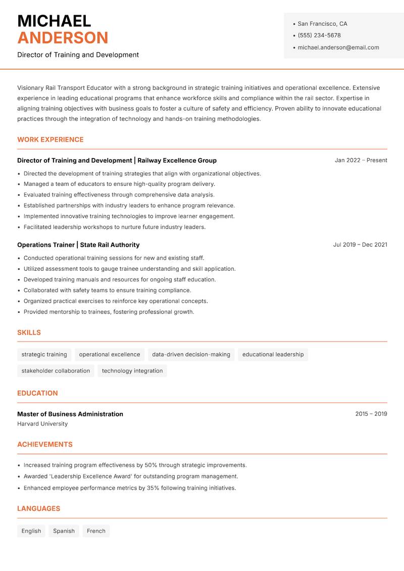 Rail Transport Educator Resume Template