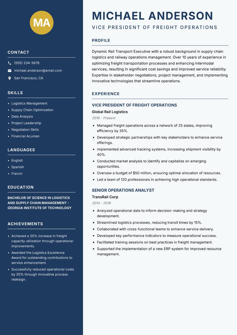 Rail Transport Executive Resume Preview Example