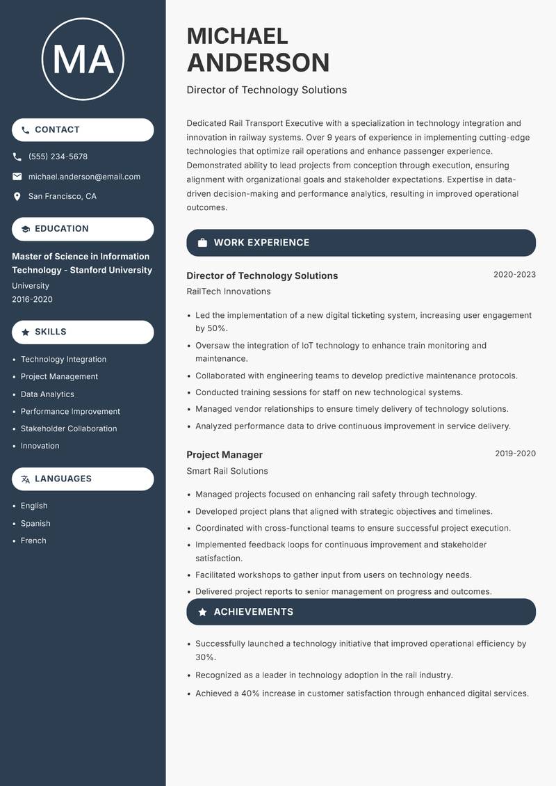 Rail Transport Executive Resume Preview Example