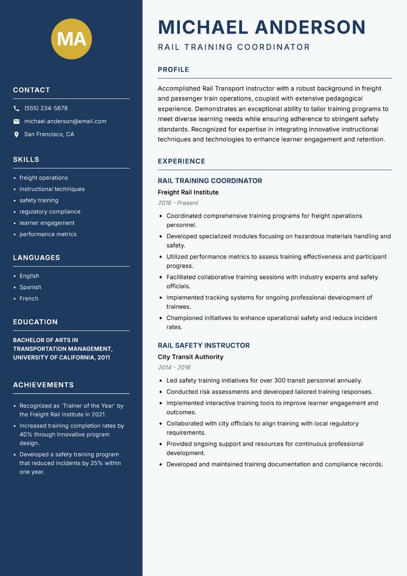 Rail Transport Instructor Resume Preview Example