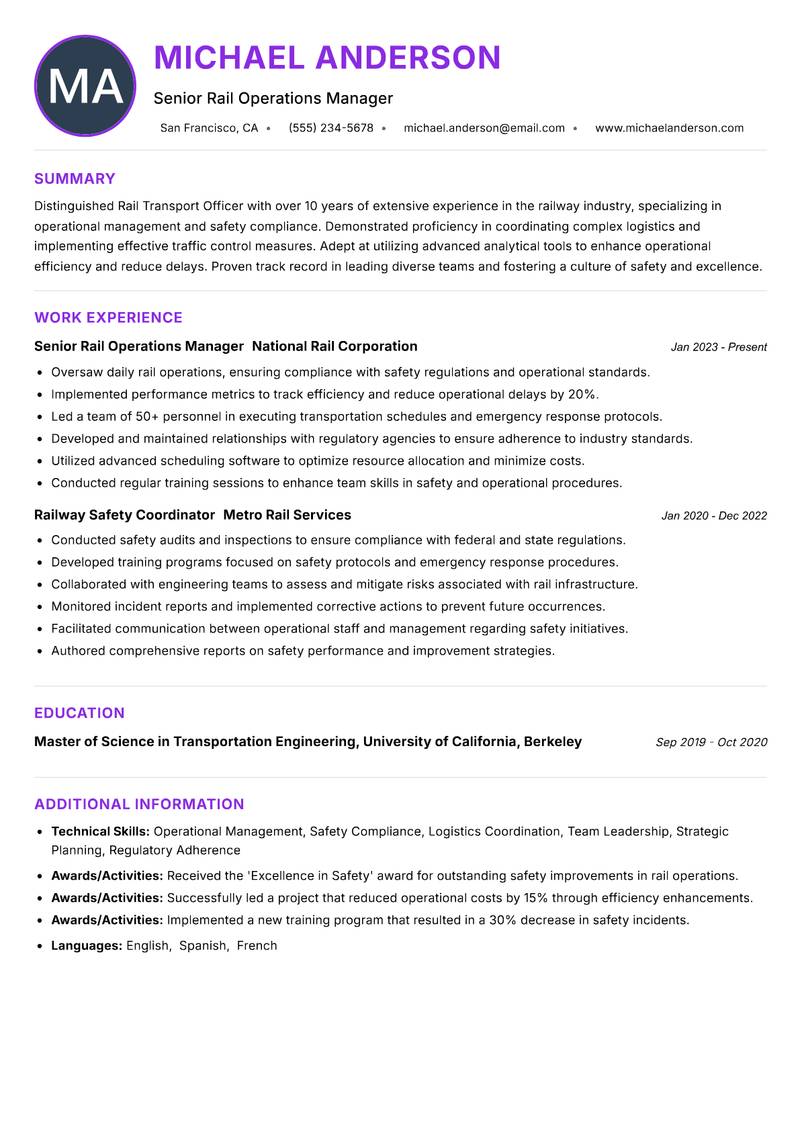 Rail Transport Officer Resume Preview Example