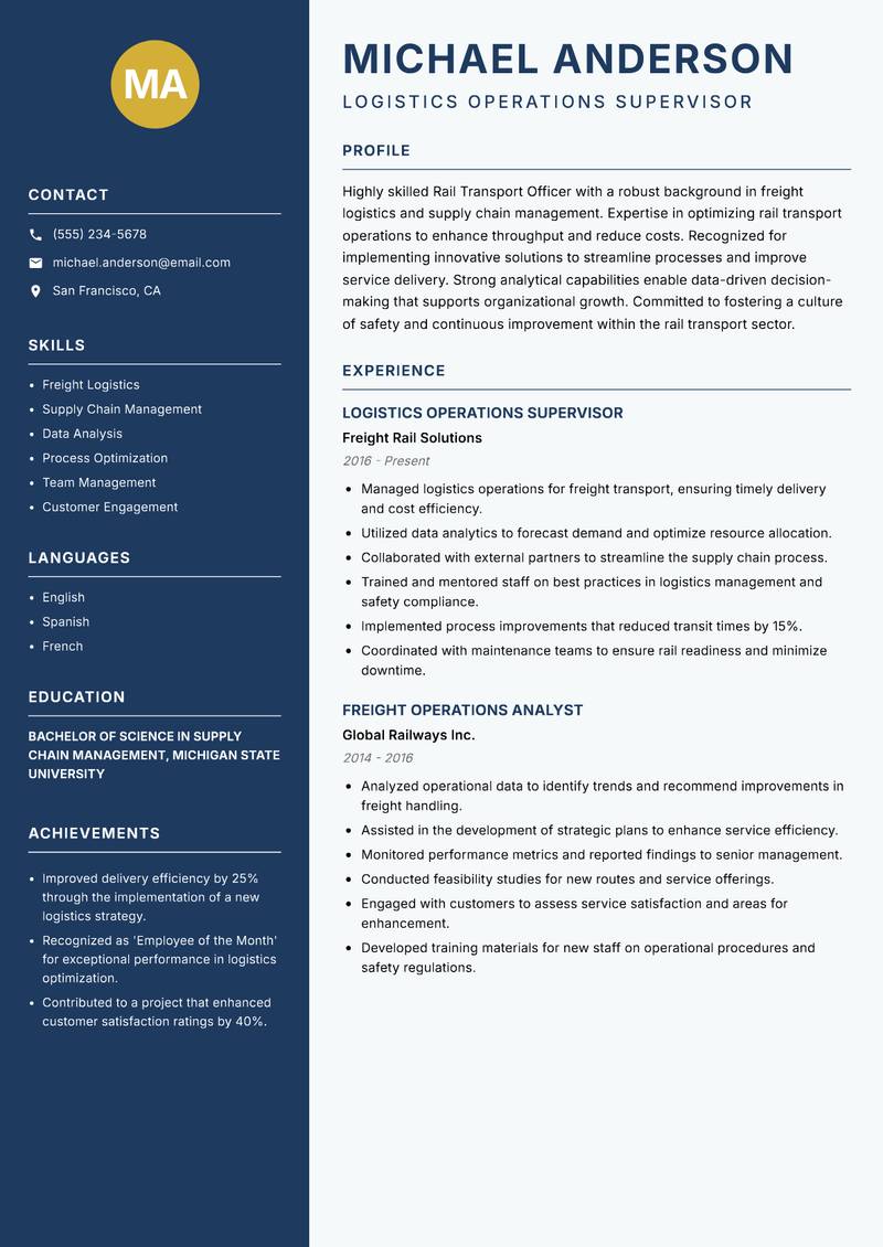 Rail Transport Officer Resume Preview Example