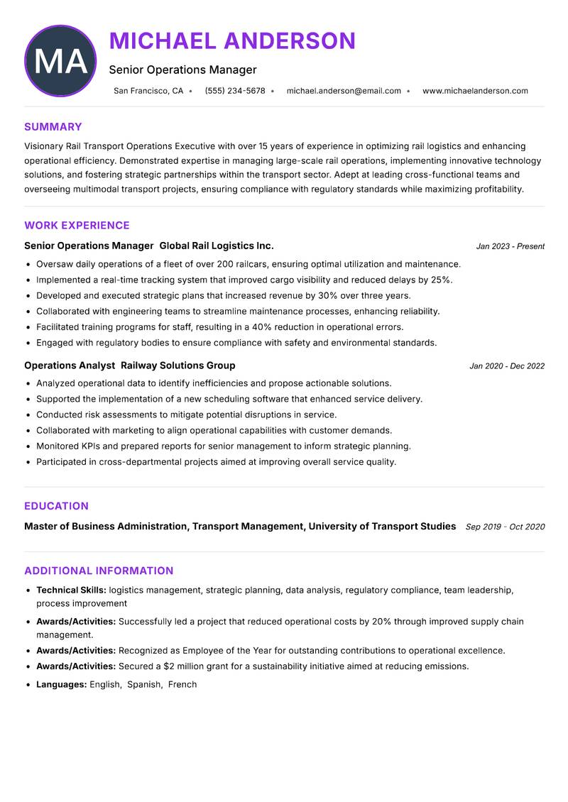 Rail Transport Operations Executive Resume Preview Example