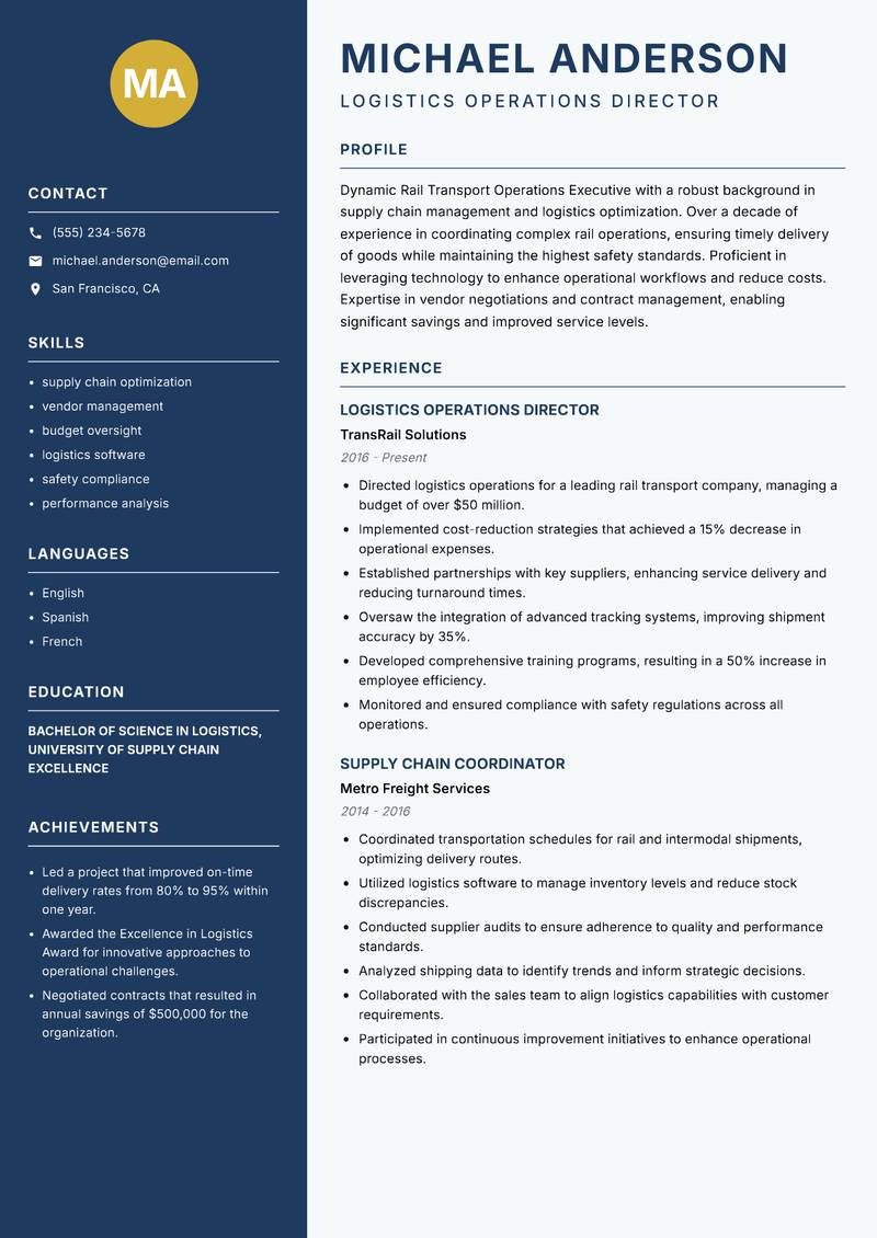 Rail Transport Operations Executive Resume Preview Example