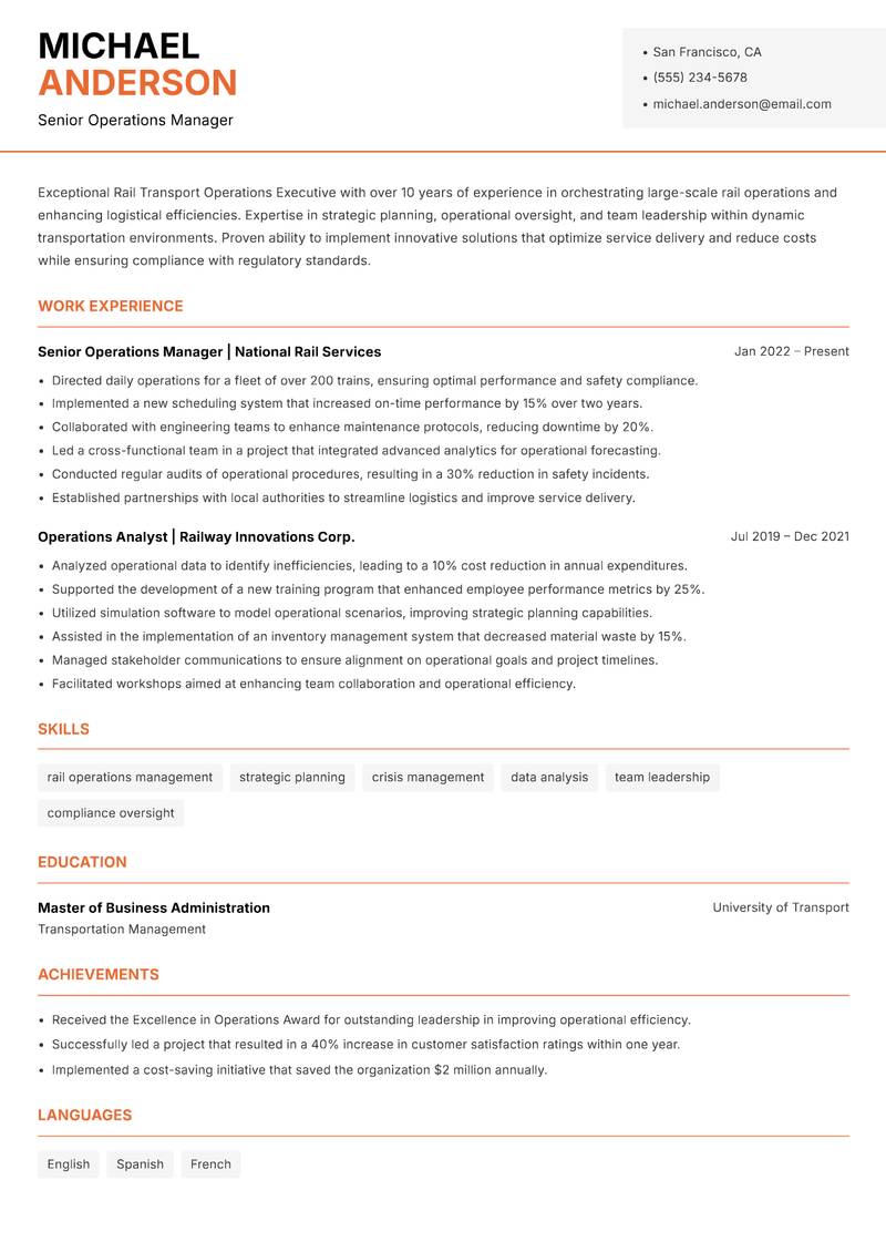 Rail Transport Operations Executive Resume Template