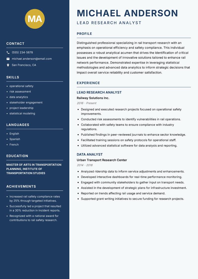 Rail Transport Research Analyst Resume Preview Example