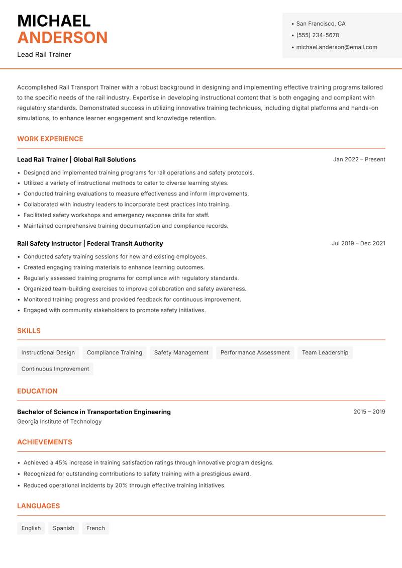 Rail Transport Trainer Resume Template