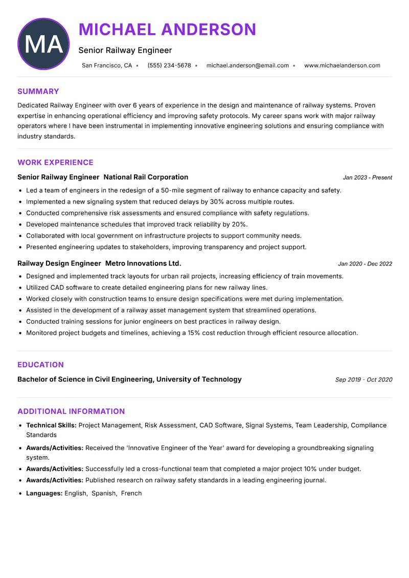 Railway Engineer Resume Preview Example