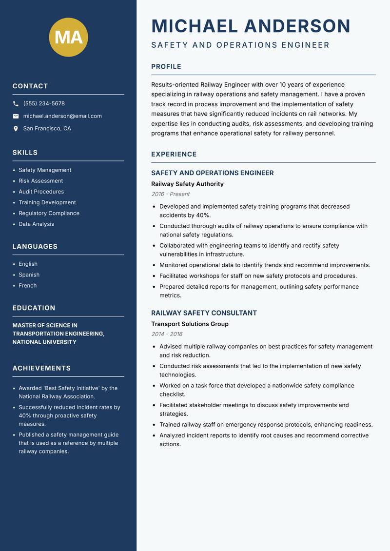 Railway Engineer Resume Preview Example