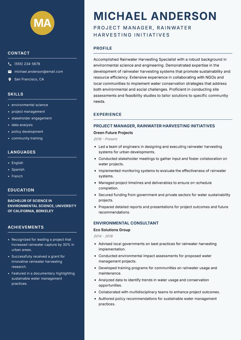 Rainwater Harvesting Specialist Resume Preview Example
