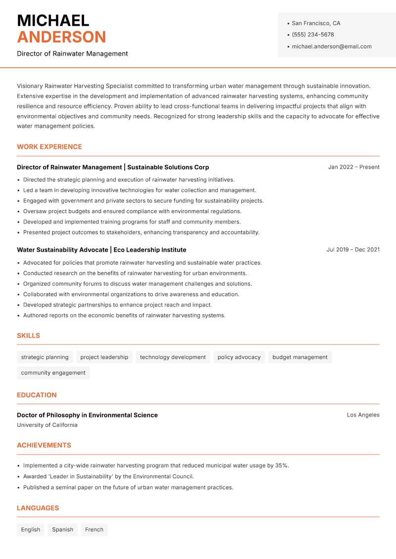 Rainwater Harvesting Specialist Resume Template