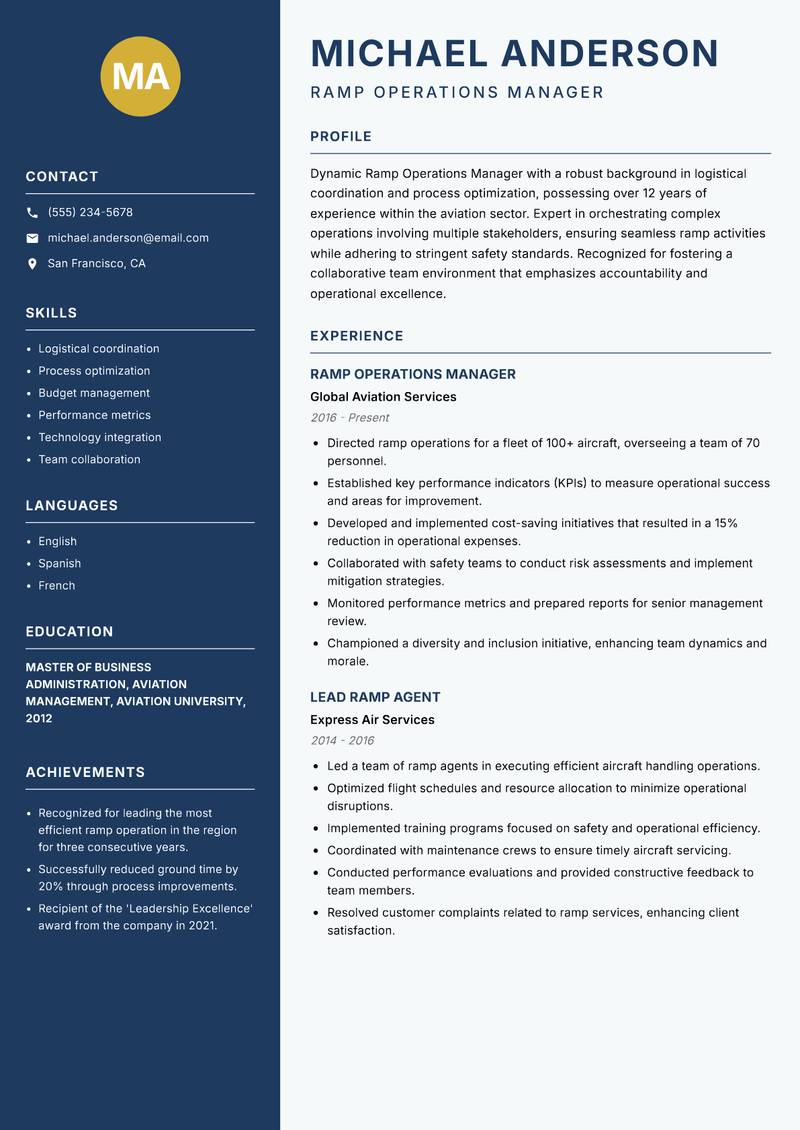 Ramp Operations Manager Resume Preview Example