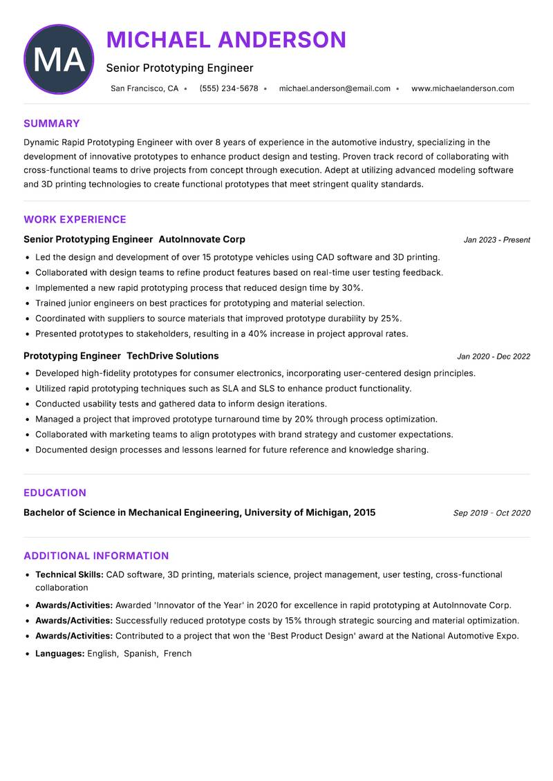 Rapid Prototyping Engineer Resume Preview Example