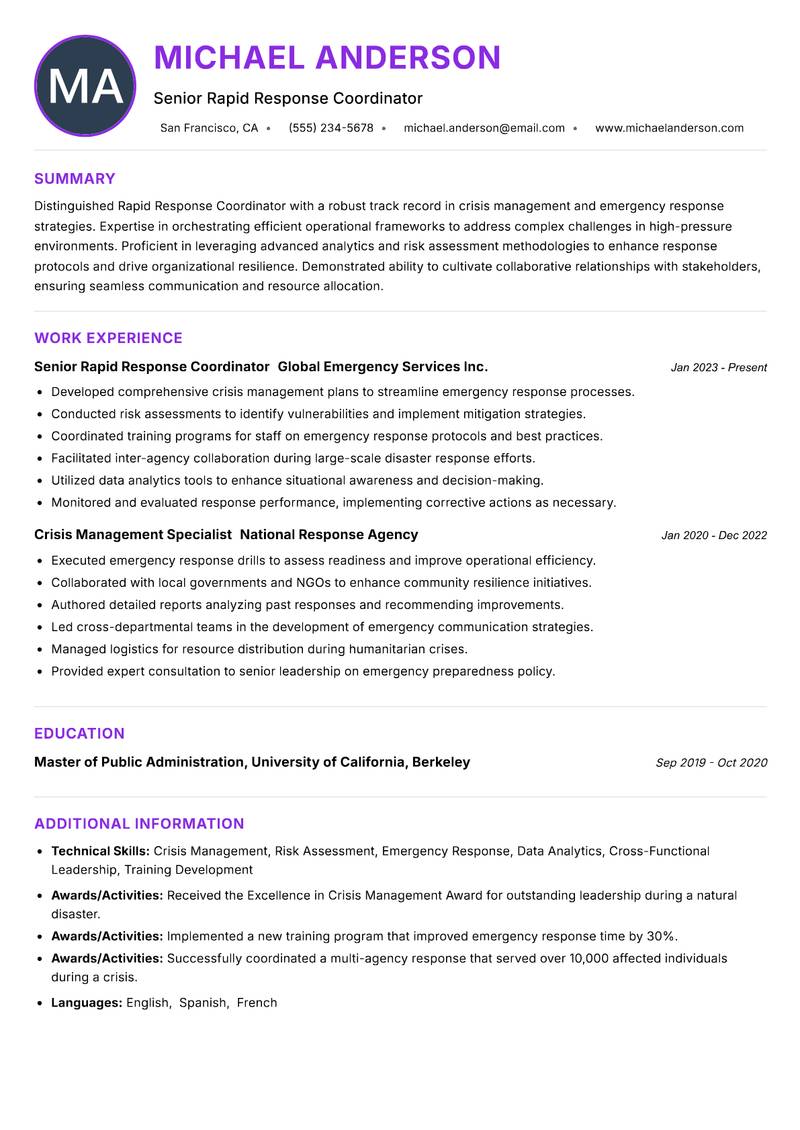 Rapid Response Coordinator Resume Preview Example