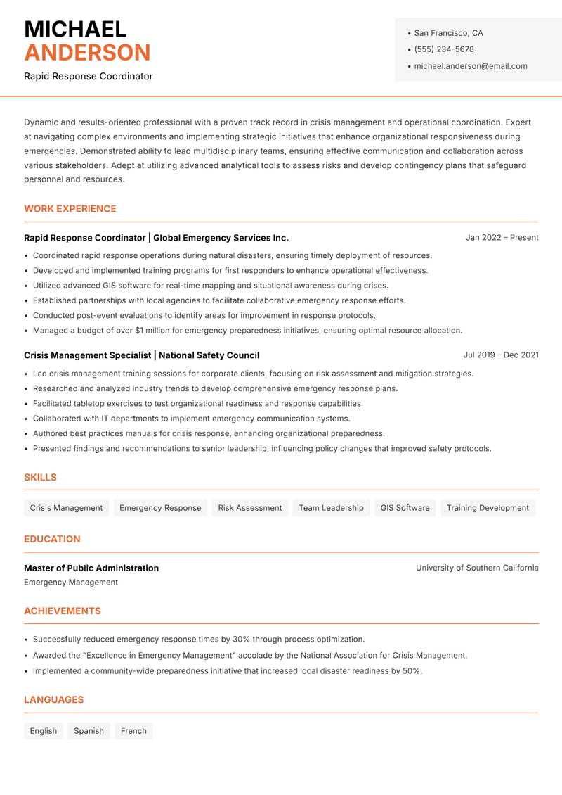 Rapid Response Coordinator Resume Template