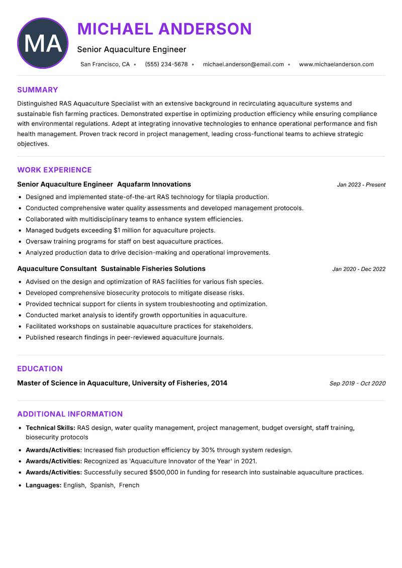 RAS Aquaculture Specialist Resume Preview Example