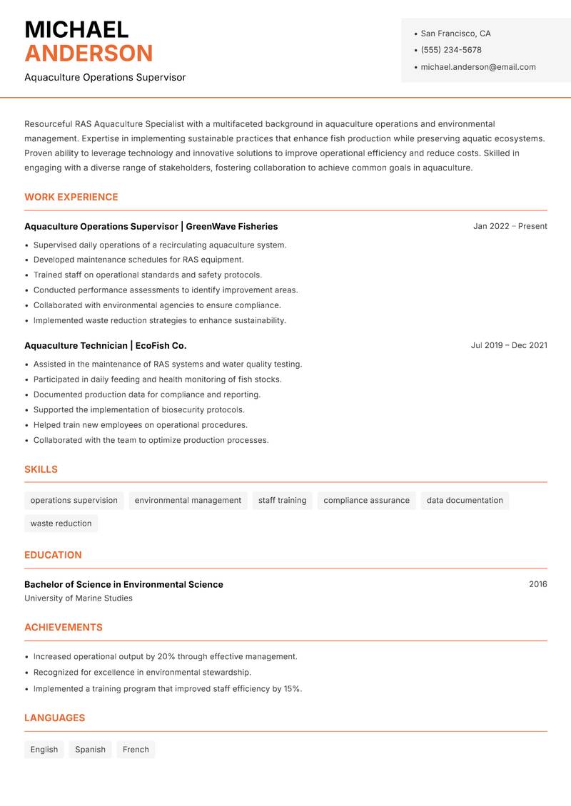 RAS Aquaculture Specialist Resume Template
