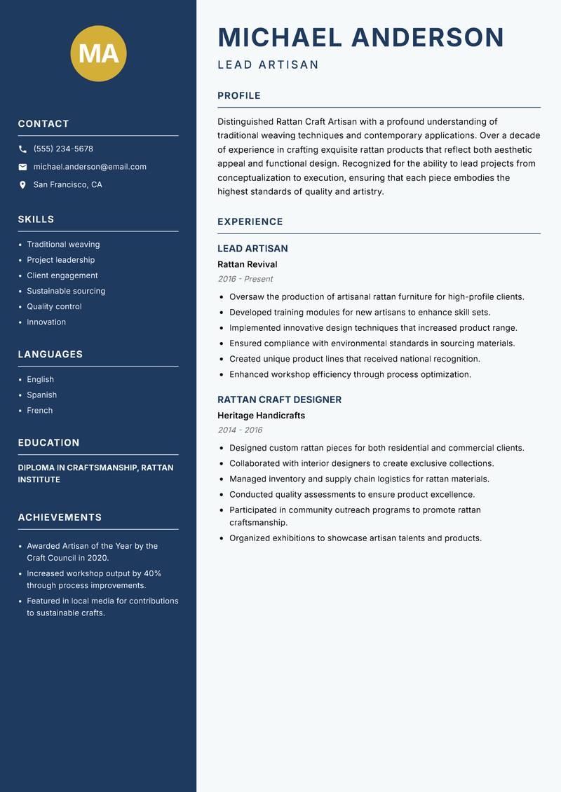 Rattan Craft Artisan Resume Preview Example
