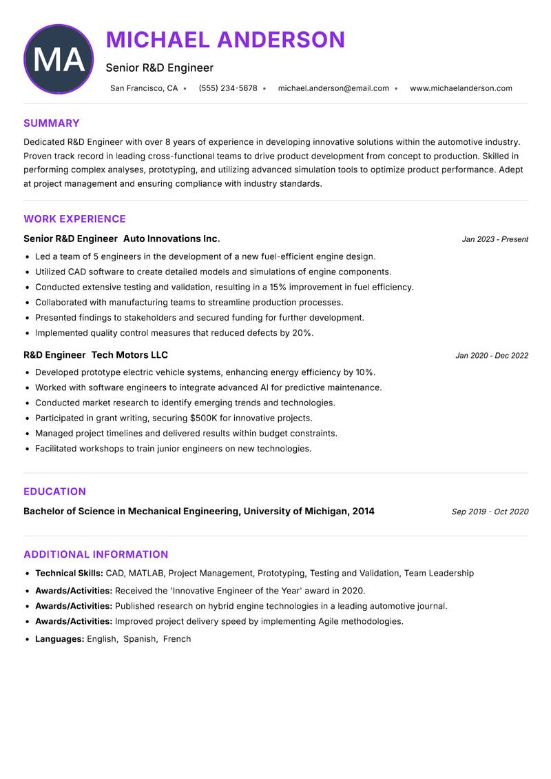 R&D Engineer Resume Preview Example