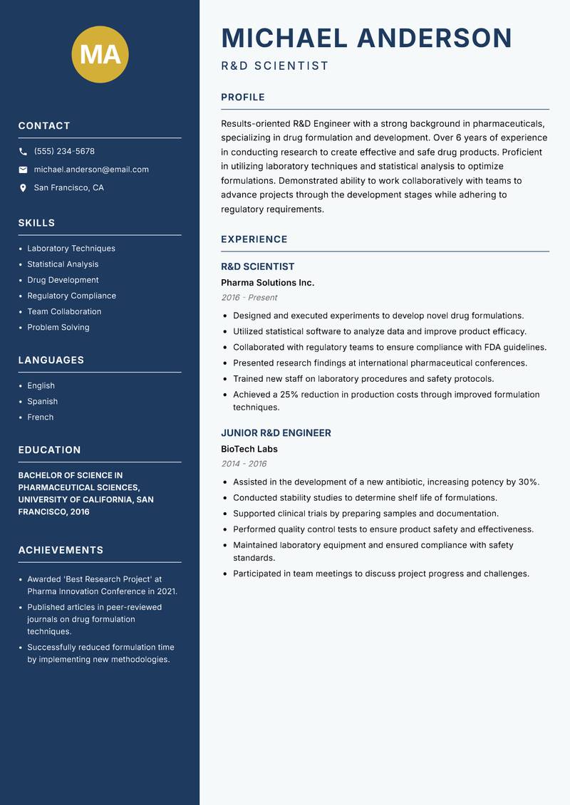R&D Engineer Resume Preview Example